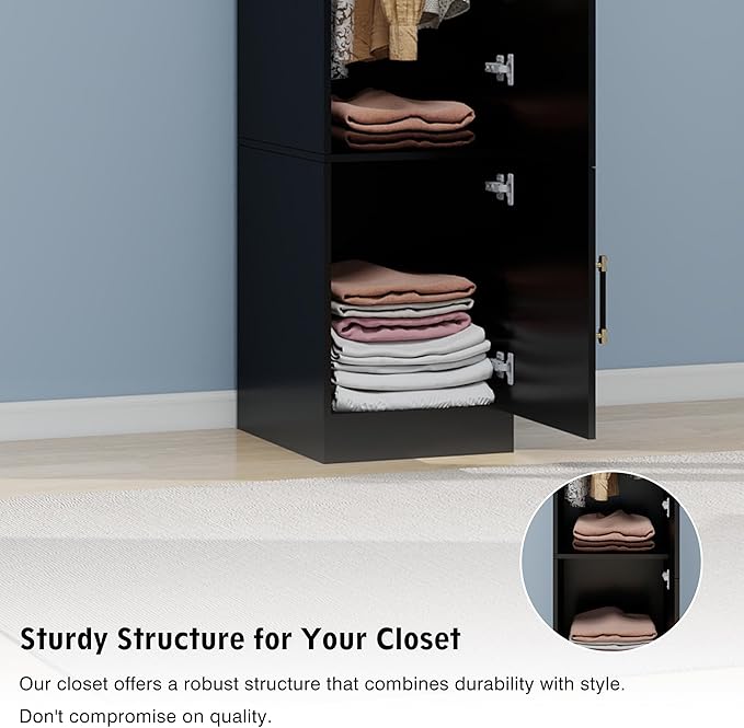 Wooden Armoire Wardrobe Closet：Modern Armoire Wardrobe Closet with Single Door and Hanging Rod, Large Capacity Clothes Storage Cabinet with Mirror for Bedroom Home, Black