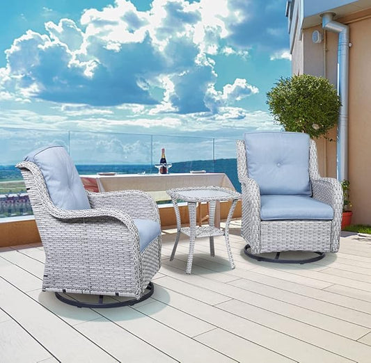 Rilyson Patio Chairs Rocking Swivel Chiar - 3 Piece Outdoor Wicker Patio Bistro Set Rattan Rocker Glider Chairs with High Back and Deep Seating for Outside Porch Deck Garden(Light Grey/Sky Blue)