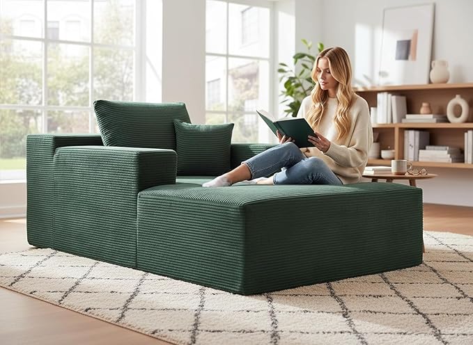 Monroe Convertible Chaise Lounge Chair Indoor – Oversized Corduroy Couch with Wide Armrest & Throw Pillows, Cozy Boneless Sleeper Sofa Bed Armchair, Dark Green