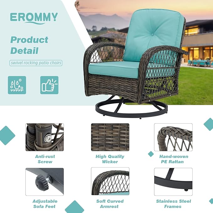 EROMMY 3 Pieces Outdoor Swivel Rocker Patio Chairs, 360 Degree Rocking Patio Conversation Set with Thickened Cushions and Glass Coffee Table for Backyard, Blue
