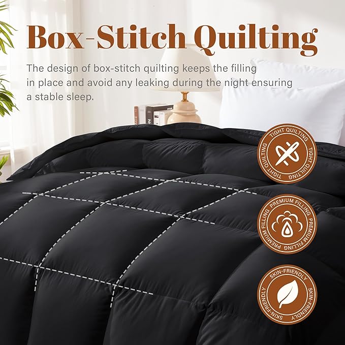 Cosybay Feather Down Fiber Comforter Twin Size - All Season 100% Cotton Duvet Insert - Luxury Medium Warmth Hotel Bedding Comforter, Fluffy and Cozy -Black, Twin 68 x 90 Inch