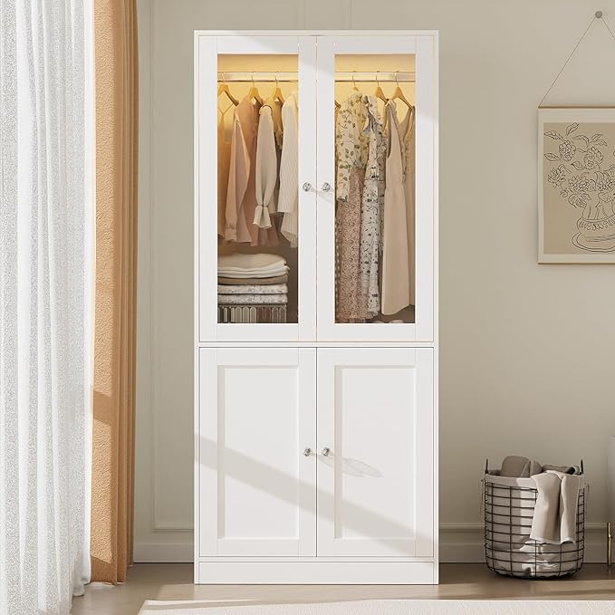 VOWNER 75" Tall Armoire Wardrobe Closet with Drawers & Lights, Clothing Storage Cabinet with 2 Glass Doors & Hanging Rod, Wooden Armoire Storage Cabinet for Bedroom (White, 75''H)