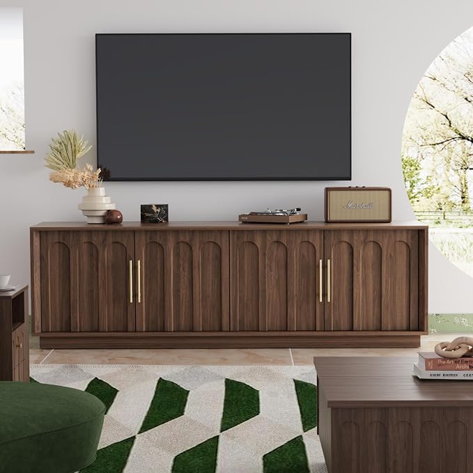 FORTUNETEC TV Stand for 75 Inch TV, Mid Century Modern TV Stand with Arched Design, Wood Grain Finish, Media Console with Adjustable Shelves, 67" Entertainment Center for Living Room Bedroom, Walnut - Image 5