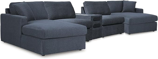 Signature Design by Ashley Contemporary Modmax Stain ResistantU-Shape Symmetrical 5 Piece Sectional with Audio Console and Reversible Cushion, Dark Blue
