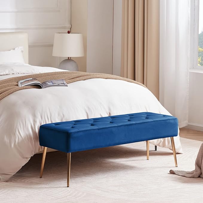 DUHOME Button-Tufted Ottoman Bench, Upholstered Bedroom Benches Velvet Footrest Stool Dining Bench Accent Bench for Entryway Dining Room Living Room Bedroom, Dark Blue - Image 4