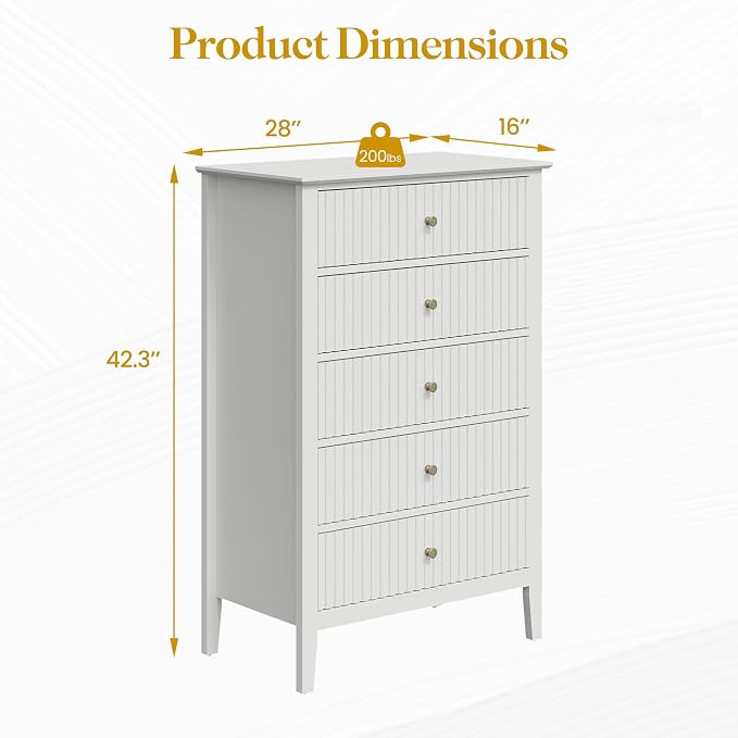 RoyalCraft White Fluted 5 Drawer Dresser for Bedroom, Tall Chest of Drawers, Waterproof Lacquered Desktop,Modern Wood Storage Cabinet for Living Room - Image 2