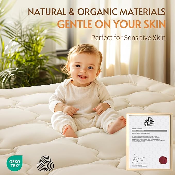 Luxury 100% Organic Wool Mattress Topper Made from Australian Merino, Extra Soft 1500 GSM Wool Mattress Pad for Back Pain Relief, Fuffy Mattress Cover (Beige, King(78"x80"))