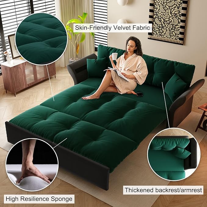 Eafurn 3-in-1 Convertible Sofa Bed Queen Size Pull Out Sleeper Sofa with Skin-Friendly Velvet Fabric, Multi-Functional Loveseat with Pillow Armrest for Guest Room & Living Room