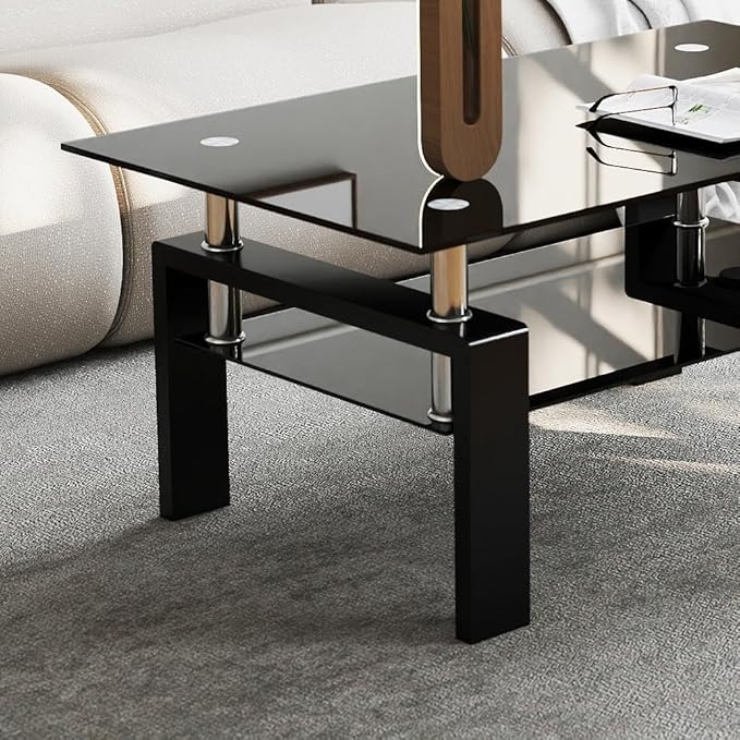 IANIYA Rectangle Tempered Glass Coffee Table, Modern Living Room Table with Storage & Black Metal Legs, Center Table for Bedroom Home Office Small Space Waiting Room