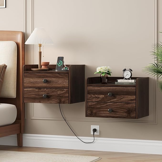 Floating Nightstand Set of 2 with 2 Storage Drawers and Charging Station Wood Wall Mounted Bedside End Table Modern Night Stands Set 2 for Bedroom,Small Space,Brown Walnut by Vabches