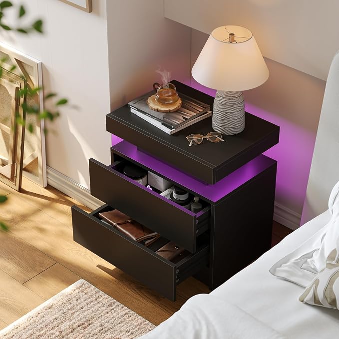 Black LED Nightstand Modern Night Stand for Bedroom Bedside Table with 2 Wood Drawers End Side Table - Image 3