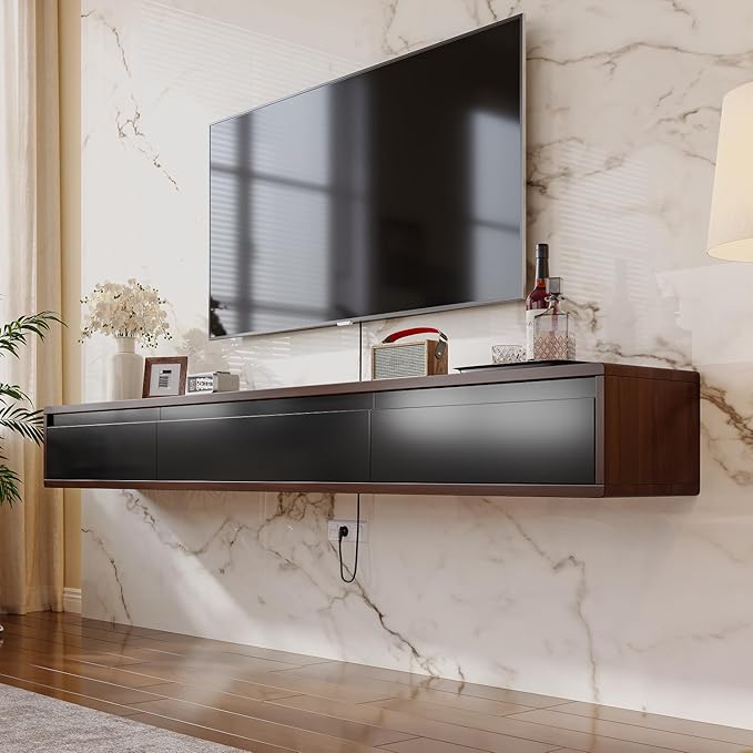 FurniNova Fully Assembled Floating TV Stand, Modern Plywood Media Console with 2 Drawers & 1 Flip Door, Wall Mounted Entertainment Center with High Gloss Finish & Round Edges, 47 inch, Walnut & Black - Image 2