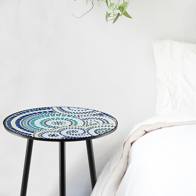1 Pack Metal Outdoor Side Table Small Outside Round End Table for Patio Modern Accent Garden Corner Table for Small Spaces, Balcony, Porch, Weather-Resistant, Plant Stand Indoor, Round Mosaic - Image 2
