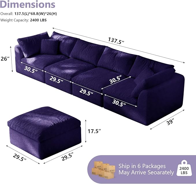 Modular Sectional Sofa Boneless Cloud Couch for Living Room, U Shape Deep Seat Recliner Sofa with Ottoman, Adjustable Backrest & 2 Throw Pillows - Covers Washable, (Purple, 4 Seater+4 Ottoman)