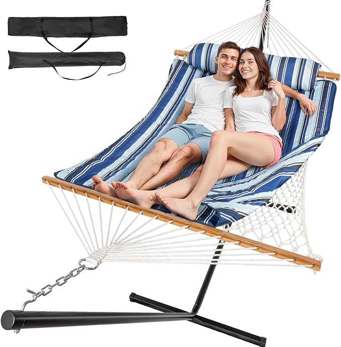 Everyfun 2 Person Outdoor Hammock with Stand, Cotton Rope Hammock with Polyester Pad, Adjustable Steel Frame, Portable with Carrying Bag – for Patio, Backyard, Garden, Beach, Blue by Unknown
