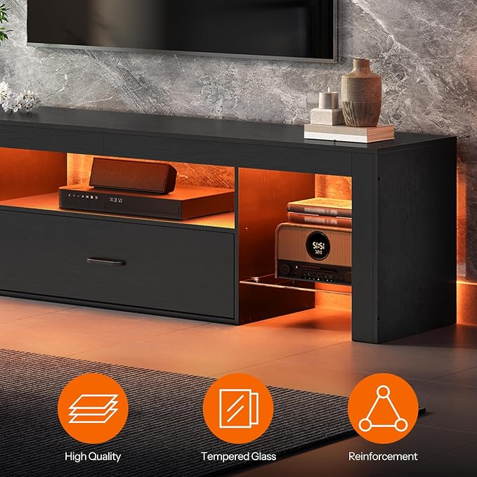 HOOBRO LED TV Stand with Power Outlets to 65 inch TV, Gaming Entertainment Center with Glass Shelves and Large Drawer, Modern Media TV Console Table for Living Room Bedroom, Black BB160UDDS01G1 - Image 8