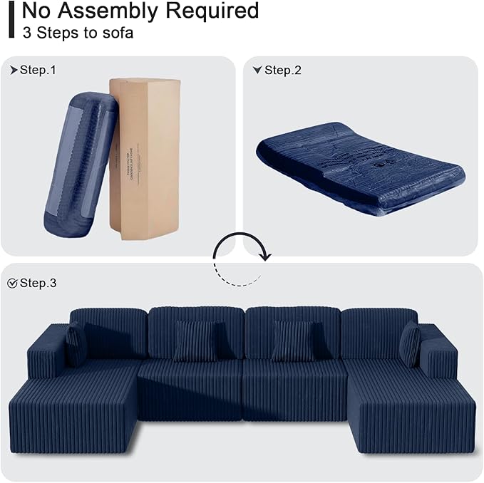 132 Inch U Shaped Modular Sectional Sofa with Dual Chaise, Oversized Corduroy Cloud Couch with Deep Seat, Boneless Modern Sofa for Living Room, No Assembly Required, Blue