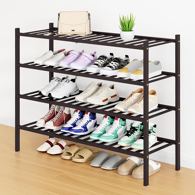 Smiry Shoe Rack, 4 Tier Long Bamboo Shoe Organizer, Stackable Free Standing Wooden Shoe Storage Shelf for Closet, Entryway, Front Door Entrance, Brown by Smiry