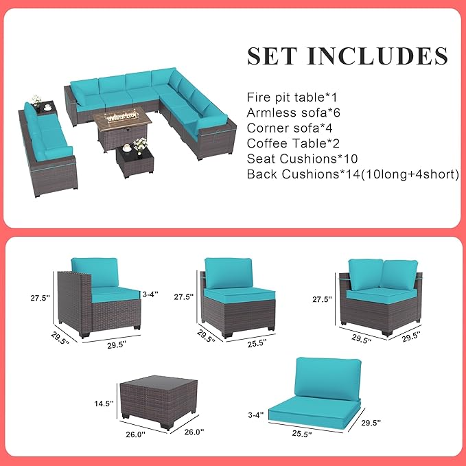 Gotland 13 Pieces Patio Furniture Set with Fire Pit Table, All Weather PE Rattan Outdoor Furniture with 29.5'' High Backrest 4’’ Thick Cushions Coffee Table, Patio Conversation Set for Deck, Blue