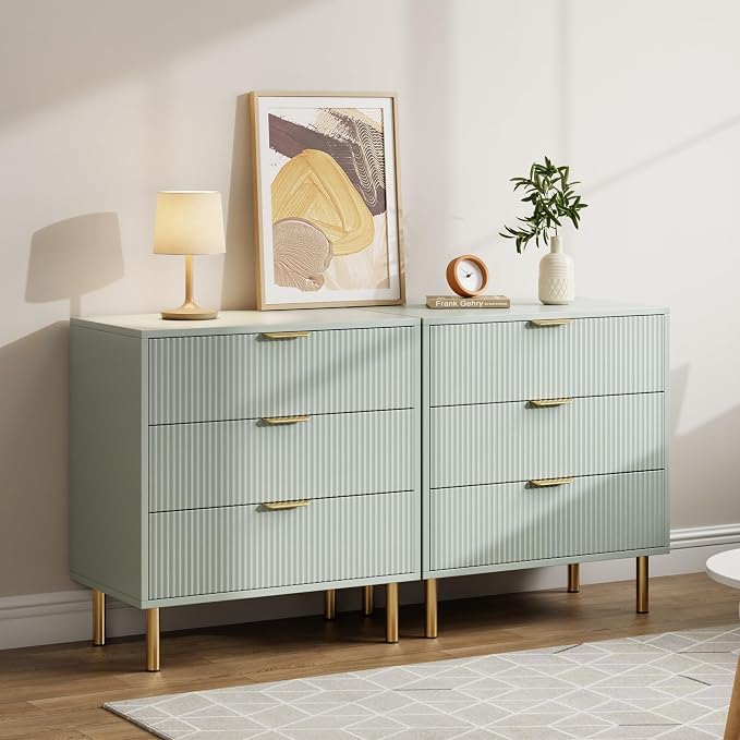 GarveeHome Green Dresser, Modern 3 Drawer Dresser for Bedroom with Gold Handle and Large Drawer, Wood Double Chest of Drawers and Storage Organizer for Living Room, Hallway, Entryway - Image 4