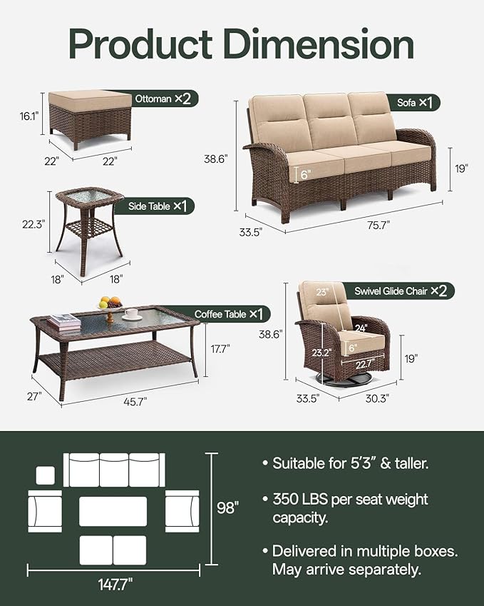 Patio Furniture Set with 6-Inch Thick Cushions, High Back Outdoor Swivel Rocker Chairs and Patio Couch, 7-Piece Easy Assembly Conversation Set for Porch Deck Pool Yard in Beige