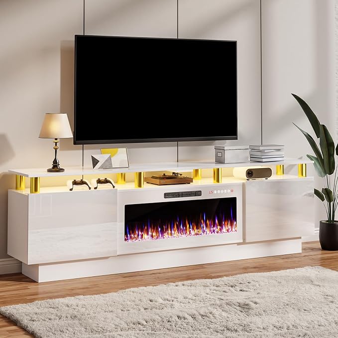 TAVATA 80" Fireplace TV Stand Up to 90" TVs, High Gloss Modern Entertainment Center for Living Room with Storage & LED Lights, Wood Media Console Cabinet with 36" Fireplace & Open Shelf, White by TAVATA