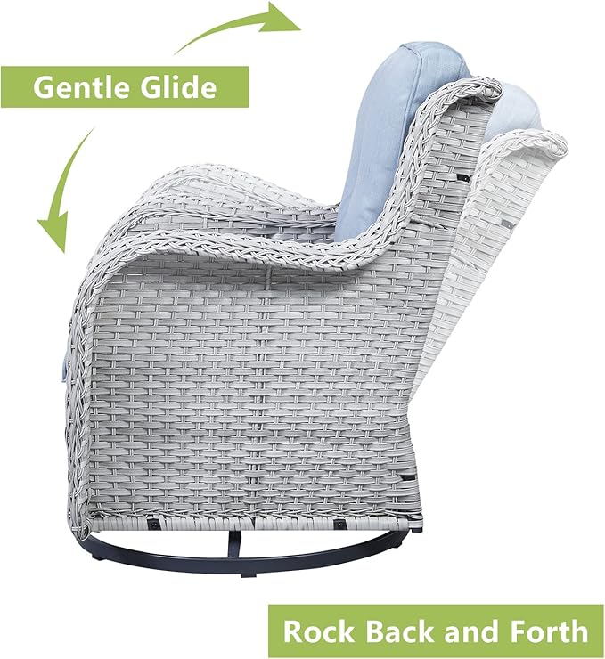 Rilyson Wicker Rocking Chair Swivel Chairs – 6 Piece Rocker Patio Furniture Set Rattan Rocking Bistro Sets with Glass Top Side Table for Outdoor Porch Deck Garden Backyard(Light Grey/Sky Blue)