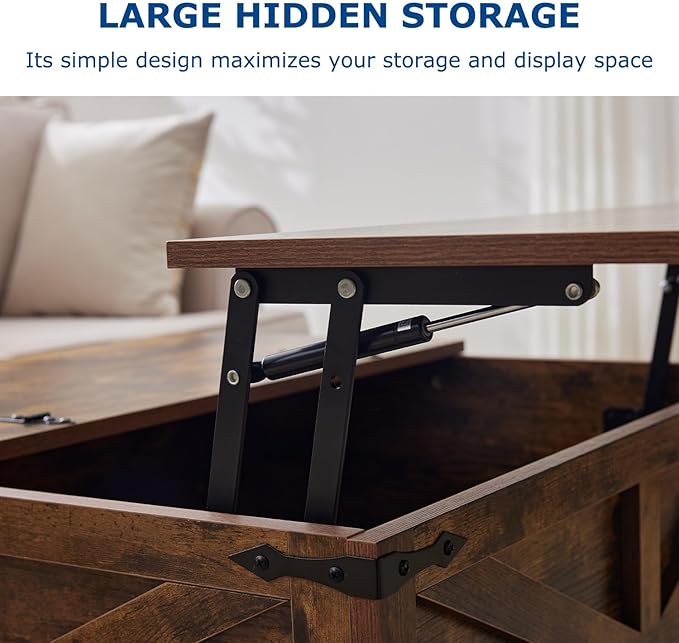 Brown Coffee Table with Storage, Cocktail Table with Hinged Lift Top, Farmhouse Square Wood Center Table with Large Hidden Storage Compartment for Living Room, Square Coffee Table, Metal Edges Decor