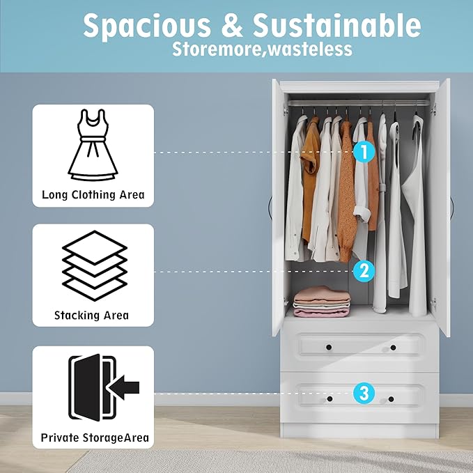 Wooden Armoire Wardrobe Closet：Modern Armoire Wardrobe Closet with 2 Doors, 2 Drawers and Hanging Rods for Tall Cabinet, Large Capacity Clothes Storage Cabinet for Bedroom Home, White