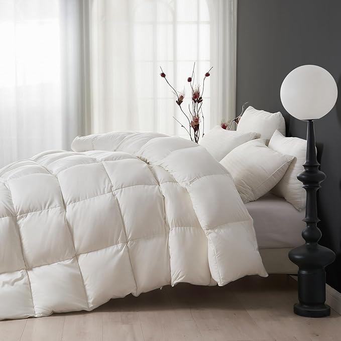 DWR Superior Luxury Feather Down Comforter Oversized Full/Queen Size, Ultra-Soft Rose-Silk Cotton-Blend Fabric, High FP All Season Medium Warmth Bed Duvet Insert(98"x98", White)