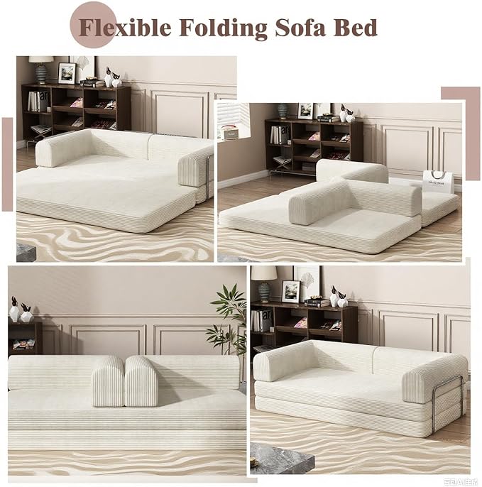 Convertible Corduroy Sleeper Sofa Bed,Folding Mattress Couch with Fixed-Shape Frame, 3 Seater Fold Out King Size Futon,No Assembly Floor Couch for Living Room Dorm Studio 78.7*39.4*29.6 Inch Beige
