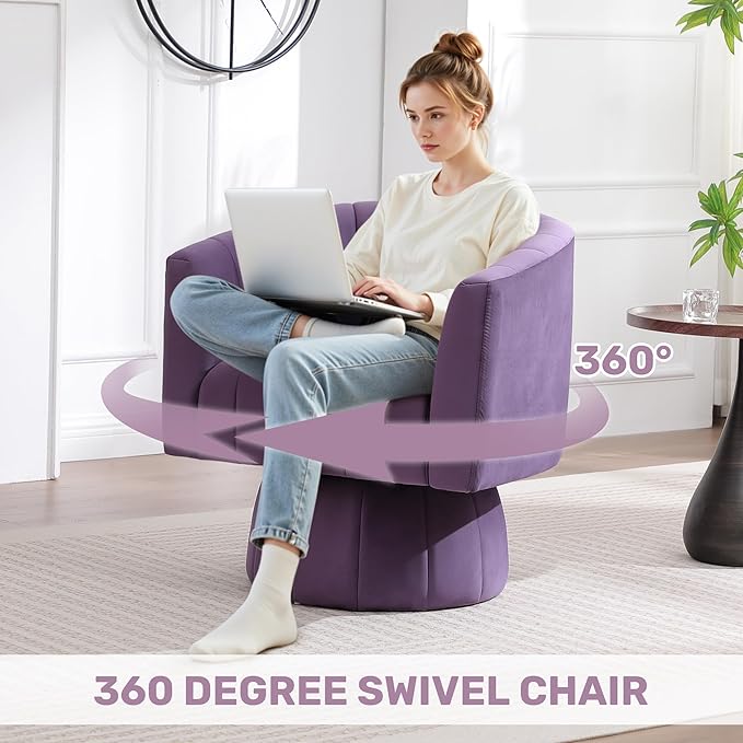 Swivel Accent Barrel Chair, Cute Comfy Small Round 360° Arm Chair. Velvet Club Reading Chair for Living Room, Bedroom, Office Purple