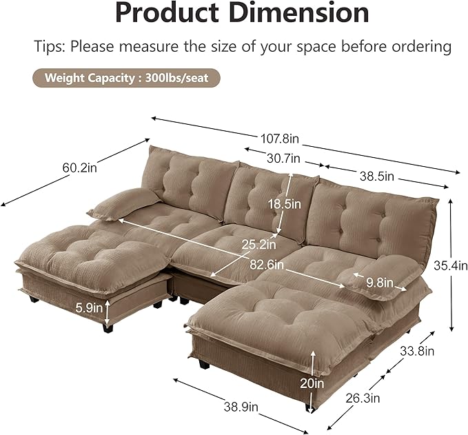 108" U Shaped Modular Sectional Sofa Couches for Living Room, Cloud Couch with Movable Ottomans, Comfy Chenille Sofa with Pillow-top Armrest for Bedroom Apartment | Free Combination, Tufted