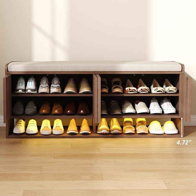 HOMEFORT 47.2" Fluted Shoe Storage Bench, Entryway Bench with Linen Seat Cushion, Shoe Cabinet Bench with Adjustable Shelf and Built-in LED Sensor Light, Bench for Bedroom End of Bed, Walnut - Image 6