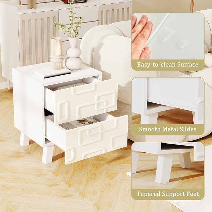 Giantex Mid Century Modern Nightstand Set of 2, 2-Drawer Bedside Table with 3D Geometric Patterns, Accent Sofa Side Table, Night Stand for Small Space, Bedroom, White - Image 5