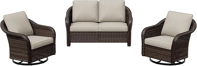 3 Pieces Patio Conversation Set, 55" Sofa with Washable Cushions, Wicker 360 Degree Swivel Glider Rocker Chairs, Wicker 2-Seat Couch for Garden, Lawn (Beige)
