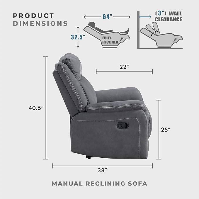 Lexicon Manual Double Reclining Sofa, Polished Microfiber Upholstered 3 Seater Manual Sofa Recliner for Living Room, Wall Hugger, Easy Assembly, Gray