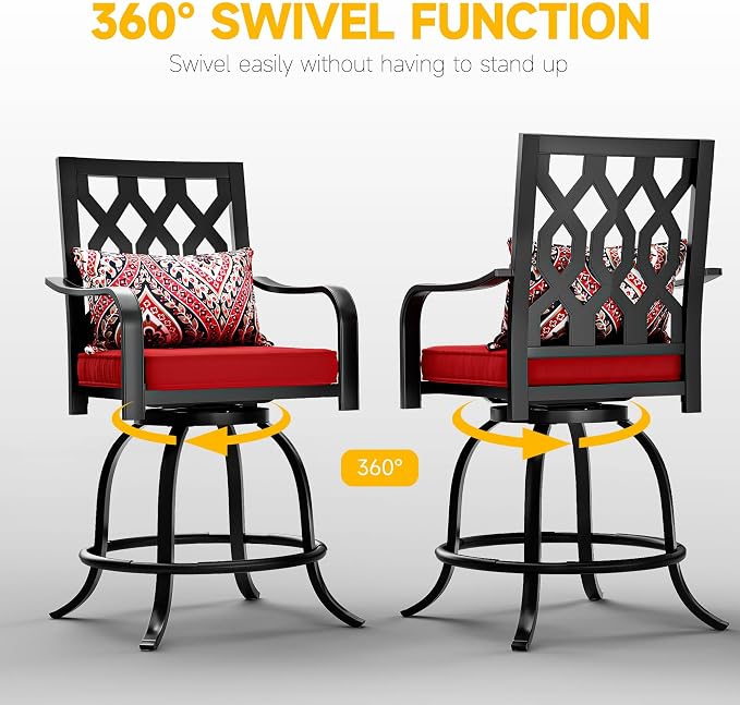DWVO Metal Outdoor Bar Stools Set of 6, Heavy-Duty Bar Height Outdoor Chairs 352 Lbs Capacity, All-Weather E-Coated Swivel Barstools with Red Cushion & Paisley Pattern Pillow for Patio Deck Balcony - Image 5