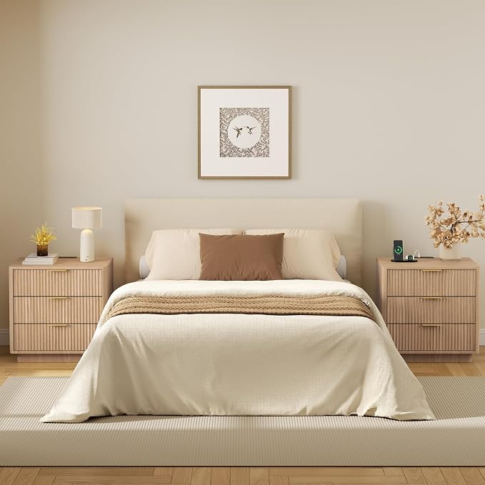 Fluted Night Stand with Charging Station, 22.4" W with Hidden Drawer, 4 Drawers, Wood End Table Mid Century Night Stands for Bedroom, Natural Oak - Image 8