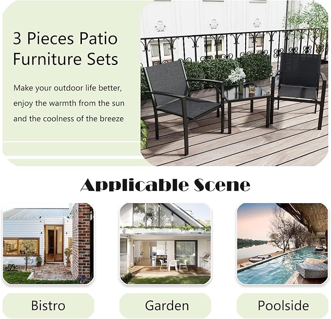 Greesum 3 Pieces Patio Furniture Set Outdoor Conversation Textilene Fabric Chairs for Lawn, Garden, Balcony, Poolside with A Glass Coffee Table, Black