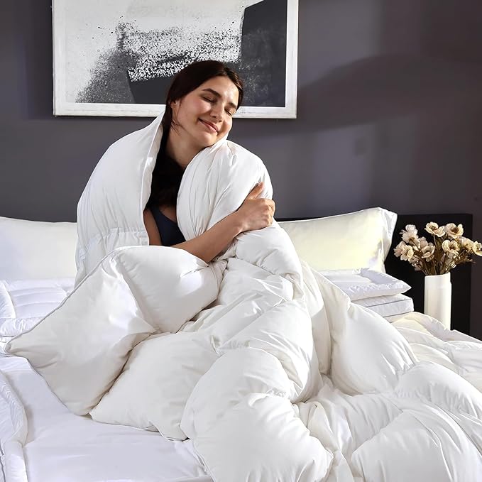 Martha Stewart 240 Thread Count White Goose Down and Feather Comforter - All Season Warmth Duvet Insert with Corner Tabs Made in USA - Full/Queen Size