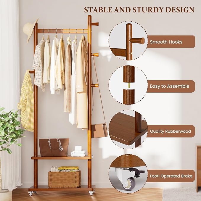 Taitiy Coat Rack Freestanding Clothing Rack with Wheels & 2 Shelves Storage & 5 Hooks Heavy Duty Clothes Rack Wood Coat Tree Stand Hat Hanger Rack for Corner Bedroom Entryway Living Room Hotel Size L - Image 5