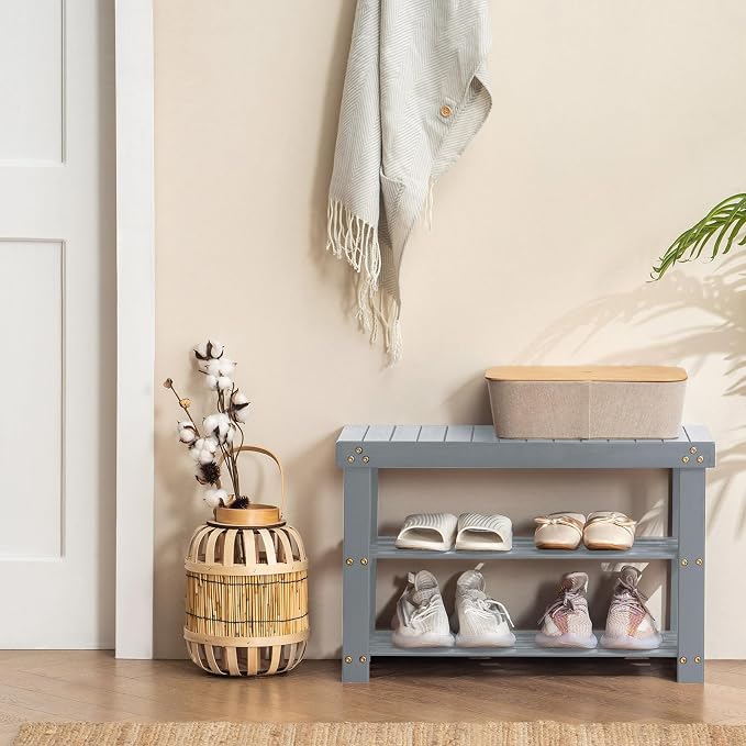 Apicizon Bamboo Shoe Storage Bench for Living Room, Entryway Storage Premium Shoe Organizer or Entryway Bench, Grey - Image 2