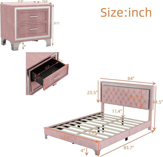 3-Pieces Bedroom Sets, Harper & Bright Designs Queen Size LED Velvet Platform Bed Frame with LED Lights & Tufted Headboard, Wood Slat Support, No Box Spring Needed, Easy Assembly (Pink)