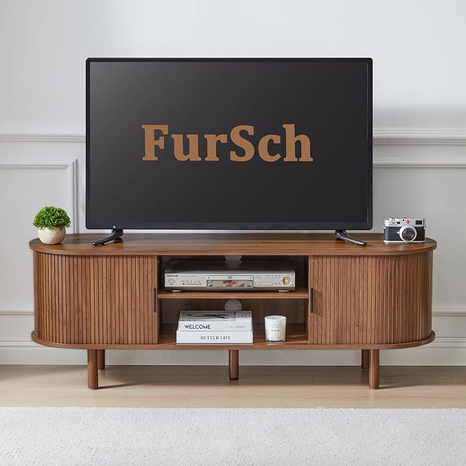 FurSch 53" Tambour Door TV Stand,Wood Mid Century Modern TV Cabinet for Up to 65“ TV,Curved Edge Long TV Stand with Storage for Bedroom Living Room(Walnut, 54inch) by FurSchFurniture