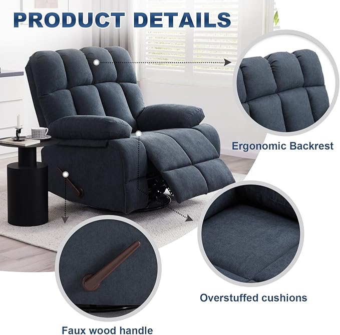 Eiayeebil 2PCS Oversized Recliner Chair, 360° Swivel Rocker Recliner for Big Man, Extra Wide Manual Recliner, Overstuffed Soft Rocking Sofa Chair for Living Room(Grey)