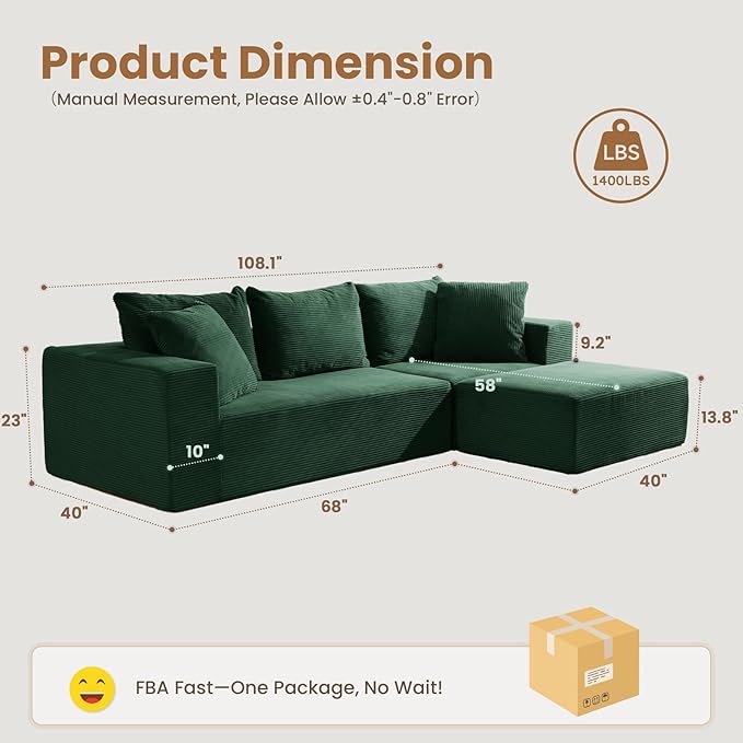 108" L-Shaped Boneless Couch, Modular Sectional Sofa with Moveable Ottoman, Corduroy Cloud Couches for Living Room, No Assembly, Ship in a Box, Green