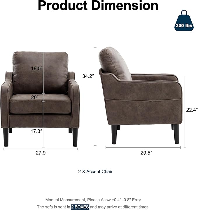 Ribilake Brown Accent Chair Set of 2 - Upholstered Armchair with Side Pockets, Comfy Living Room Arm Chair, Faux Leather Reading Accent Chairs for Bedroom, Living Room, Apartment, Office