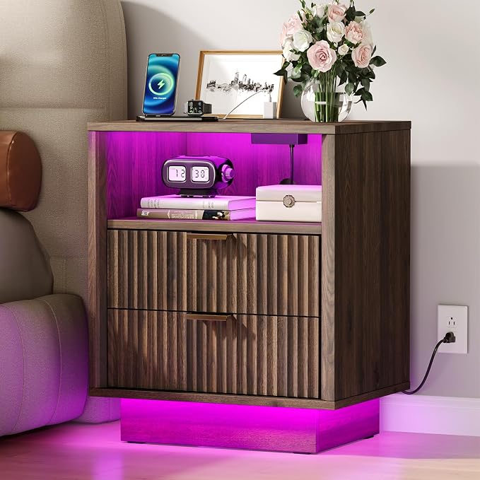 GOLDDAY Nightstands Set of 2 with Charging Station & LED Light, 2-Drawer Bedside Table with Outlets, Modern End Table with Open Shelf, for Bedroom, Home Office, Walnut - Image 2