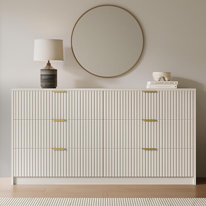 MAISONARIA 3-Piece Dresser Bedroom Set, 6 Drawer Dresser & 3 Drawer Nightstands with Gold Handles, Fluted Wood Chest of Drawers for Bedroom, Living Room, Entryway, Beige